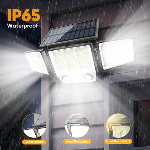 Solar Motion Sensor Outdoor Lights Waterproof 3000LM 3 Modes IP65 LED Flood Wall Light installed on house in rain.
