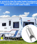 RV water heater pressure relief valve remover tool, silver metal, for 7/8-inch wrench (RV use), close-up inset