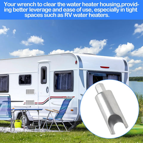 RV water heater pressure relief valve remover tool, silver metal, for 7/8-inch wrench (RV use), close-up inset