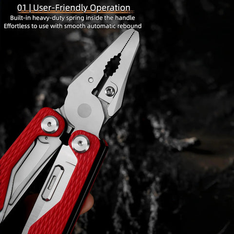 Close-up of 15-In-1 Spring Loaded Multitool Pliers with thickened hardened steel, red handles, and needle nose pliers.