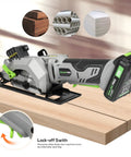 20V Cordless Mini Circular Saw With Laser Guide And Dual Blades Compact Wood Cutter displaying wood cutting features and lock-off switch.
