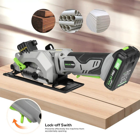20V Cordless Mini Circular Saw With Laser Guide And Dual Blades Compact Wood Cutter displaying wood cutting features and lock-off switch.