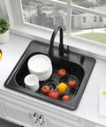 Top view of 25 by 22 Inch Drop In Kitchen Sink Stainless Steel 16 Gauge Deep Single Bowl Topmount with dishes and vegetables