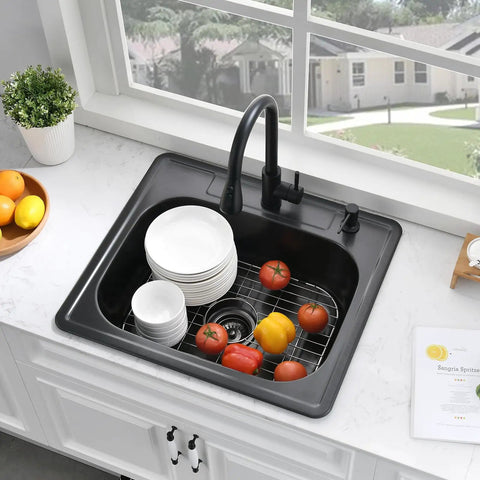 Top view of 25 by 22 Inch Drop In Kitchen Sink Stainless Steel 16 Gauge Deep Single Bowl Topmount with dishes and vegetables