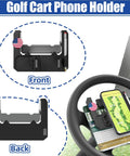 Heavy Duty Flip Up Golf Cart Steering Wheel Cell Phone Mount Fits Club Car EzGo Yamaha Carts showing front and back views.