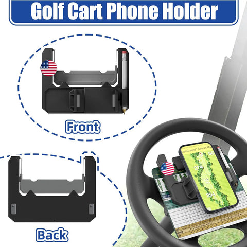 Heavy Duty Flip Up Golf Cart Steering Wheel Cell Phone Mount Fits Club Car EzGo Yamaha Carts showing front and back views.