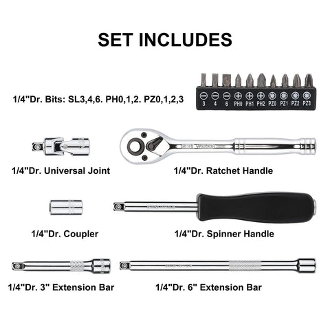 One Quarter Inch Drive Socket Set With Ratchet Adapters Extensions And Bits SAE And Metric Sizes From 4mm To 14mm Chrome Vanadium With Mirror Finish And 72 Tooth Ratchet components displayed