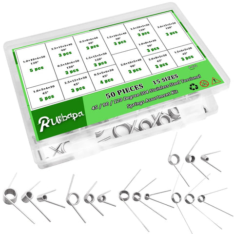 Ruibapa 50-piece torsion springs assortment kit in plastic case, 304 stainless steel, 15 sizes, 45/90/120-degree
