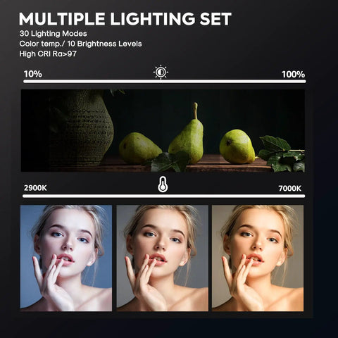2-Pack 25W LED Video Lighting Kit With Dimmable Studio Lights demonstrating color temperature and brightness effects at 2900K-7000K