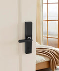 Slick Smart Fingerprint Door Lock And Keyless Entry Deadbolt Handle crafted from heavy duty aluminum alloy on a door.