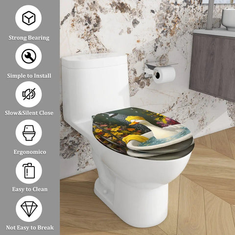 Elongated Toilet Seat Resin for Bathroom with elegant design, fitting standard sizes, shown installed on a toilet.