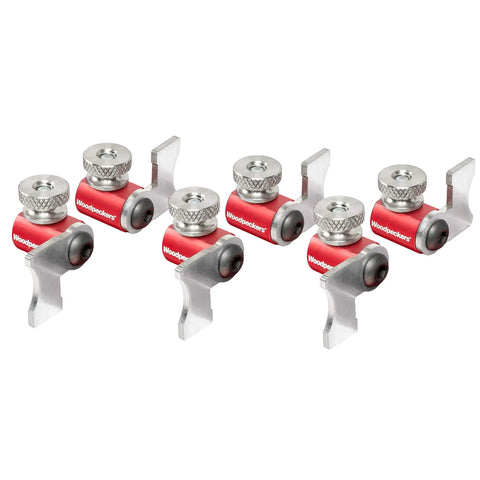 Six stainless flip stops for Knockout Rock Solid Micro Dot Drill Press Table Kit, enhancing precision in woodworking projects.