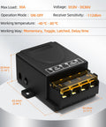 Wireless Remote Switch With 30A Relay For 8V 12V 24V 48V 72V And 86V DC Systems, black rectangular relay module on a white background