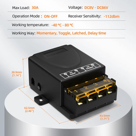 Wireless Remote Switch With 30A Relay For 8V 12V 24V 48V 72V And 86V DC Systems, black rectangular relay module on a white background