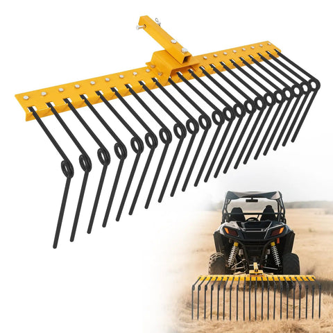 48 Inch Tow Behind Lawn Dethatcher Rake With 20 Spring Steel Tines Lift Handle For ATV Riding Mower And Lawn Tractor Debris Cleanup Pine Straw Leaves Grass Clippings Yard Work