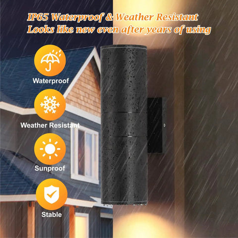Two Pack Outdoor Wall Light With Slick Integrated LED Cylinder Up Down Lighting, 12W 2700K Warm White, in rain showcase