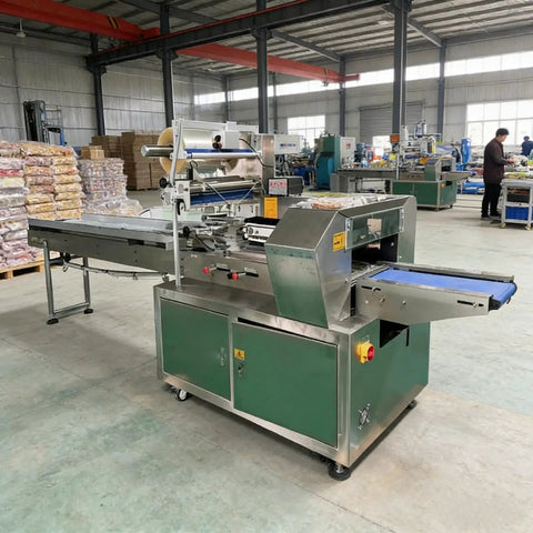 Hassle Free Compact Horizontal Flow Packager And Slick Shrink Wrapping Machine in factory setting, showing conveyor and shrink wrap setup.