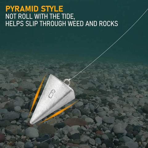 6 oz pyramid sinker in underwater scene, shown in action. Part of 5 Pack Pyramid Sinkers Saltwater Lead Fishing Weights 1 Oz To 32 Oz Set.