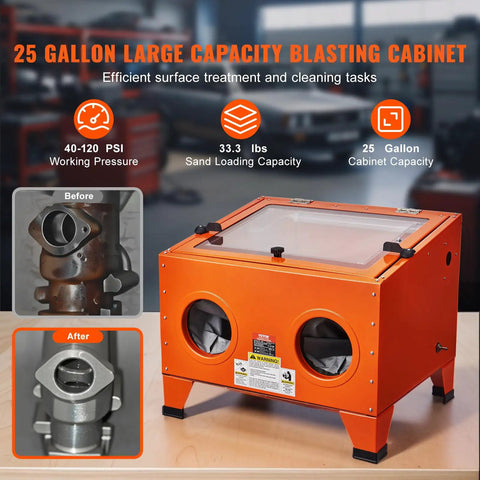 25 Gallon Sandblasting Cabinet For DIY Projects Portable Benchtop Sand Blaster With 40 To 120 PSI displayed in orange with viewing window