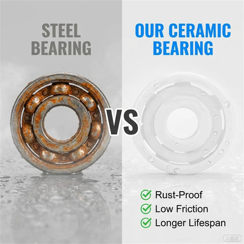 Two 608 bearings: left rusted steel bearing, right white zirconia ceramic bearing.