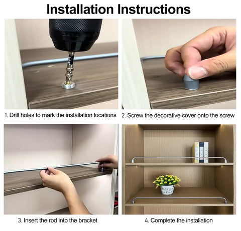 Adjustable Shelf Guard Rails For Kitchen Bathroom And Closet Shelves, Durable Aluminum Round Tube Brackets In Black, 78cm Length installation steps