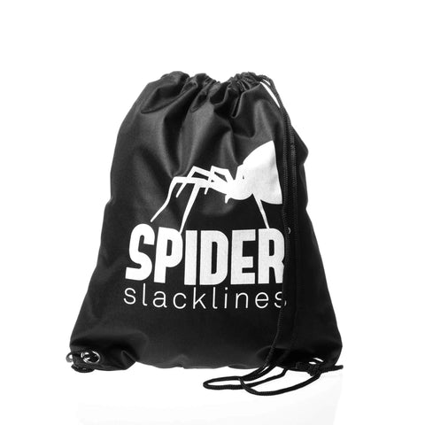 Drawstring bag for Ultimate 60 Ft Slackline Training Kit For Beginners with Ratchet and accessories, black with spider logo.