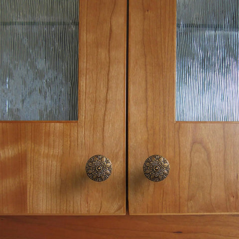 Six Pack Antique Brass Cabinet Knobs Featuring Intricate Vintage Mandala Design Ideal For Dressers Cabinets And Drawers Great For Restoring Antique Furniture And Creating Classic Farmhouse Style on wooden cabinet doors