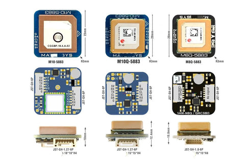 Pro Grade GNSS GPS Module For SAM M10Q And Compass M10Q-5883 Ultra Lightweight Flight Sensor top and side views with measurements