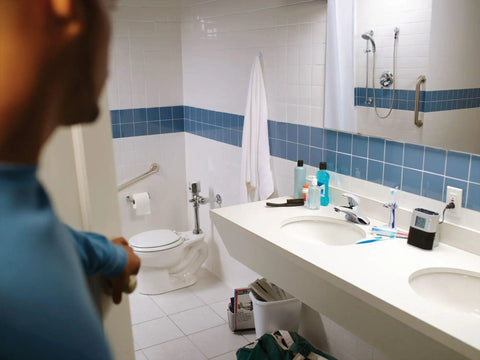 Bathroom with dual sinks and shower showcasing Commercial Posi-Temp Pressure Balancing Valve Control Lever In Chrome Easy Use Shower Valve Handle