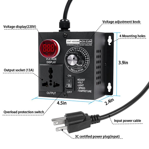 Heavy Duty AC Motor Speed Controller Featuring Crisp LED Readout With 120V SCR Voltage Regulator with voltage display and adjustment knob.