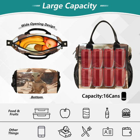 Large Leakproof Insulated Cooler Bag For Women 18 Can Capacity Lunch Tote with fruit and cans, side view and bottom design.