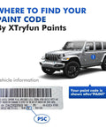 Jeep with label showing location of paint code and barcode for Anvil Jeep Touch Up Paint Kit For Wrangler Gladiator Renegade - DIY Scratch Repair
