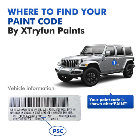 Jeep with label showing location of paint code and barcode for Anvil Jeep Touch Up Paint Kit For Wrangler Gladiator Renegade - DIY Scratch Repair