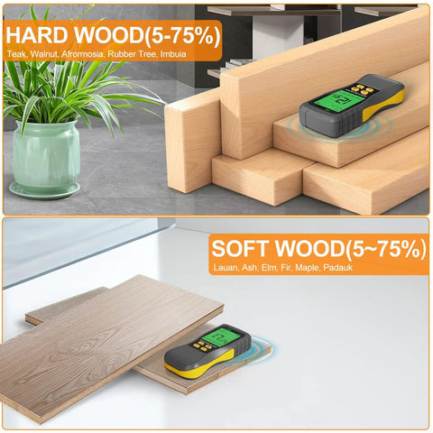 Pinless Digital Wood Moisture Meter Real Deal Non Destructive Induction Moisture Detector For Drywall Lumber And Building Materials Easy Read Backlit LCD With Audible Alert Three Color Indicator used on hardwood and softwood boards