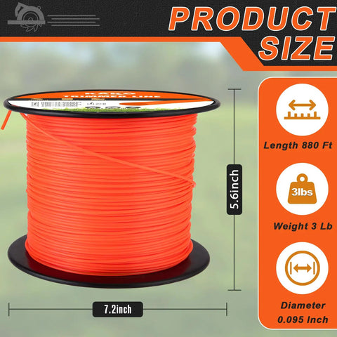 Beefed Up Heavy Duty 0.095 Inch Trimmer Line 880 Ft Reel Round Trimmer String Commercial Grade Cord for most gas electric cordless trimmers - Orange 3 lb