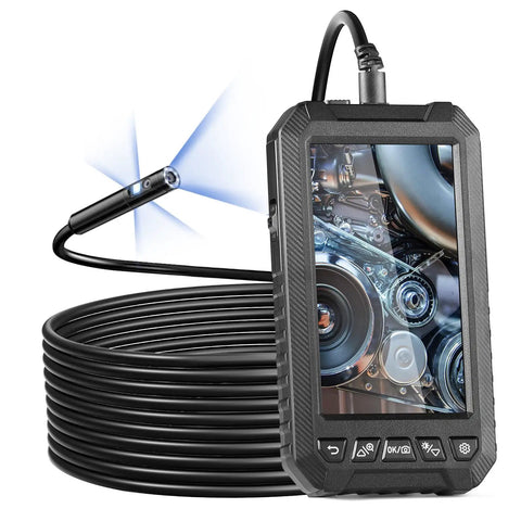 Pro Grade Endoscope Camera With Light Featuring Triple Lens For Clear Real World Inspection, 5 Inch Screen 1080P, 8 Plus 2 LED Lights With Adjustable Brightness, IP67 Waterproof Snake Camera For Automotive And Plumbing, 16.4 Foot Cable And 32GB Card; handheld 5-inch screen and flexible cable