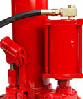 Close-up of red 8 Ton Air Hydraulic Long Ram Jack for Engine Hoists and Shop Cranes showing hydraulic components