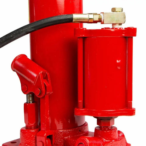 Close-up of red 8 Ton Air Hydraulic Long Ram Jack for Engine Hoists and Shop Cranes showing hydraulic components