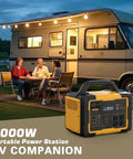 Outdoor RV scene with 1000W Portable Power Station With 1024Wh LiFePO4 Battery And 2000W Peak, ideal for camping.