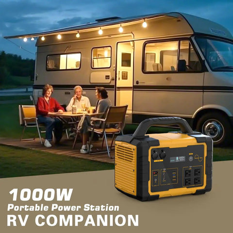 Outdoor RV scene with 1000W Portable Power Station With 1024Wh LiFePO4 Battery And 2000W Peak, ideal for camping.
