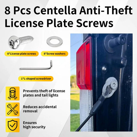 8 Pcs Centella Anti Theft License Plate Screws and accessories for secure installation on vehicles.