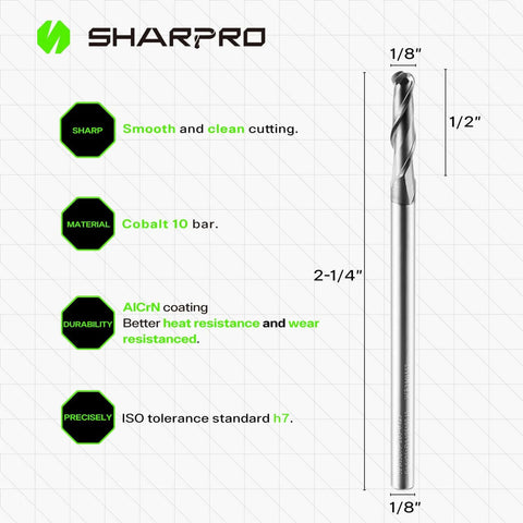 SHARPRO carbide ball-nose end mill, 1/8 in diameter, 2-flute, AlCrN coated.