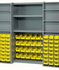 Heavy Duty Steel Garage Cabinet With Three Adjustable Shelves And 72 Bright Yellow Parts Bins, showing organized storage with bins and shelves.