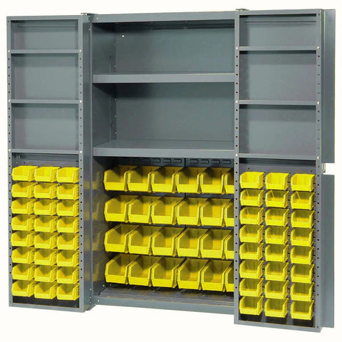 Heavy Duty Steel Garage Cabinet With Three Adjustable Shelves And 72 Bright Yellow Parts Bins, showing organized storage with bins and shelves.