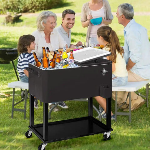 Portable Rolling Patio Cooler With Wheels And Bottle Opener, 80 Quart Beverage Cart for Backyard Parties, Black