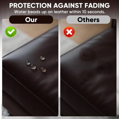 Comparison of water protection on leather with Easy Swipe Leather Recoloring Balm For Faded Leather Scratch Repair And Color Restore.