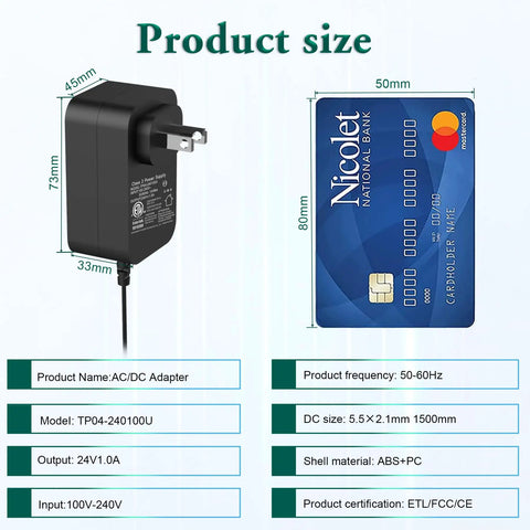 24V 1A Power Adapter Charger For LED Strips, Fish Tanks, Massage Guns And More with dimensions and credit card for scale