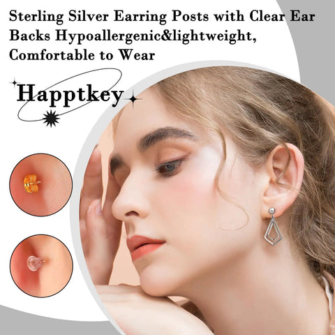 Sterling Silver Earring Posts For DIY Jewelry Making Pro Grade 3 Sizes S925 Ball Post Studs With Loop And Clear Earring Backs Hypoallergenic Ear Findings Kit Bundle For Jewelry Crafting And Bead Work, woman wearing silver stud