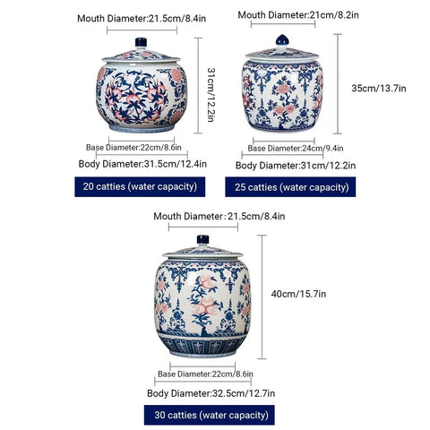 Large Ceramic Rice Jar And Flour Bin With Snap Lock Airtight Lids Authentic Chinese Good Fortune Design set of three sizes with capacities