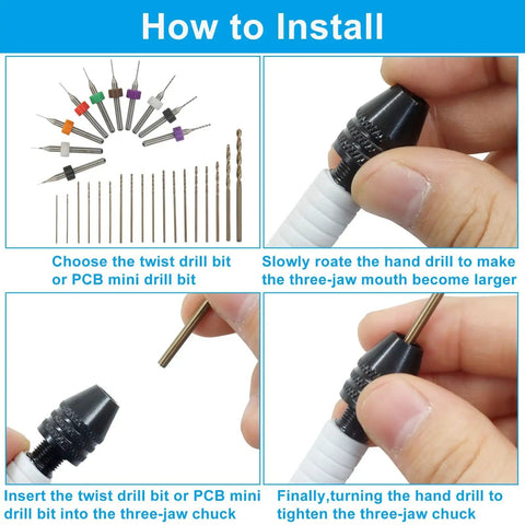 How to install Micro Hand Drill Set With Pin Vise And 56 Precision Bits PCB Cutting Bits And Resin Polymer Clay Jewelry Making Tools For DIY Crafting Ergonomic Aluminum Hand Drill In Black